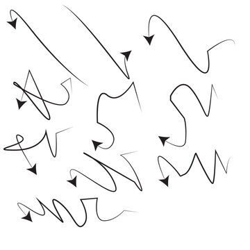 Set of Hand Drawn Loopy Sketch Arrows Collection, Black Doodle Style Curved Squiggly Zigzag Line Arrow Icons, Direction Pointers Isolated on White Background Vector Illustration