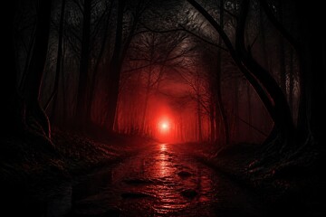Obraz premium Dark forest path illuminated by distant red light and reflections