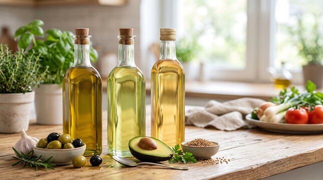 Three glass bottles of healthy plant-based cooking oils with avocado and olives for nutritional science and balanced diet photography