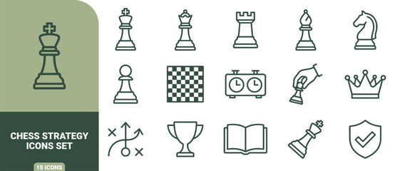 Chess strategy icons set showing king, queen, rook, bishop, knight, pawn, chessboard, clock, hand, trophy, book, shield © Gra-fix PNG