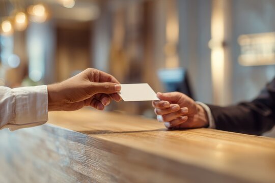 Front desk check-in moment: close-up of key card exchange between guest and concierge