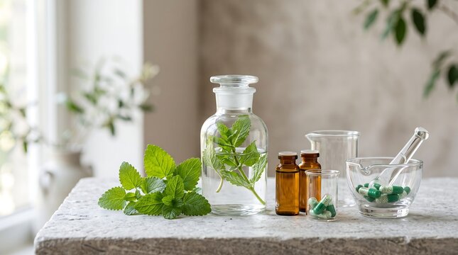 Natural medicinal herbs and green capsules in glassware on stone surface for pharmaceutical and holistic wellness health research