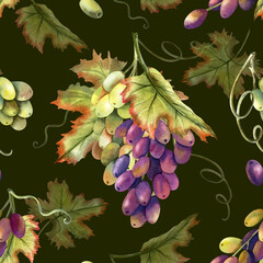 Watercolor seamless pattern green red grapes vine isolated on dark background. Hand-painted illustrations of bunches, berries, leaves, grapevine tendrils. For premium wine packaging, kitchen textile © Yulia Kapura