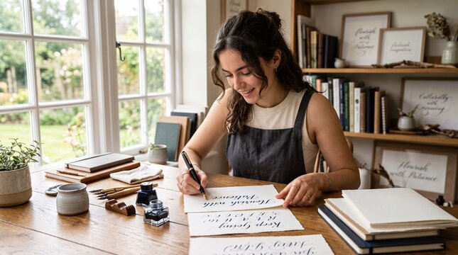 Young woman practicing elegant calligraphy with ink and pen at a wooden desk