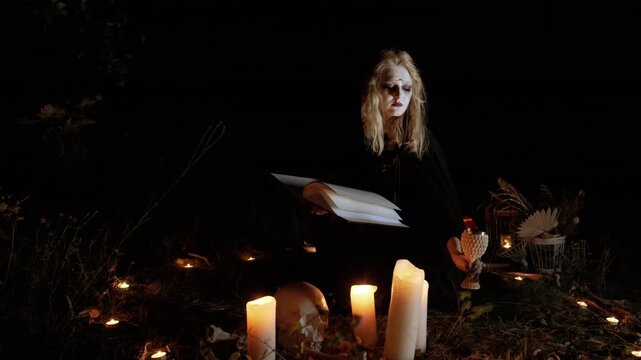 Young pale-faced woman in dark cloak sits outdoors at night, holding open book on lap and goblet near chest while candles and carved pumpkin glow around her in moody ritual setting