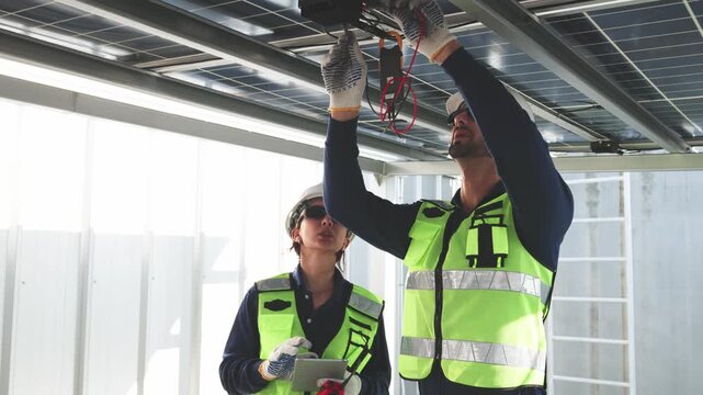 Two solar technicians installing and inspecting microinverter wiring beneath rooftop photovoltaic panels while reviewing system data on a tablet.