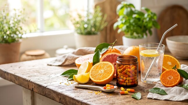 Vitamin capsules in amber bottle with fresh citrus fruits and infused water on rustic wooden table for healthy lifestyle and nutritional supplement concept