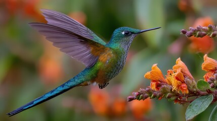 Fototapeta premium Emerald hummingbird hovering by orange flowers during daytime with soft bokeh background