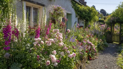 Fototapeta premium Pastel blossoms in a classic English cottage garden featuring rose borders and fragrant herbs