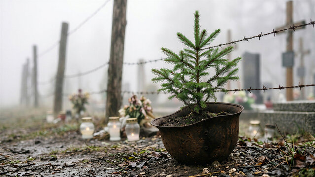 A small green spruce sapling grows inside a rusted, upside-down helmet in a foggy meadow next to barbed wire, with blurred memorial flowers and candles.