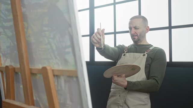 Man painter holding brush and palette painting canvas in studio by easel and window, wearing apron with leather straps and steady hand gestures; creative focus.