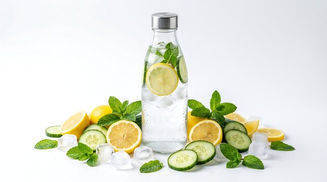 Refreshing infused water with lemon slices cucumber and mint in glass bottle on white background for hydration and healthy detox diet nutrition concept