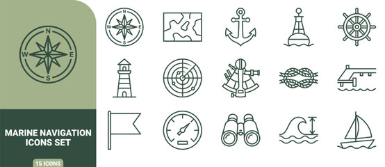 Marine navigation icons set with green outline featuring compass, anchor, lighthouse, radar, map, and ship wheel © Gra-fix PNG