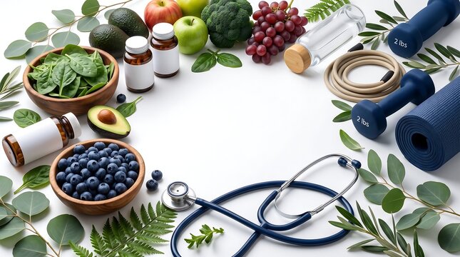 Assorted healthy foods and fitness equipment with stethoscope on white background representing holistic health and medical wellness