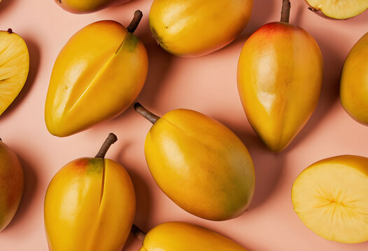 Canistel fruit, also known as eggfruit, whole and sliced, arranged on a light pink background, top view