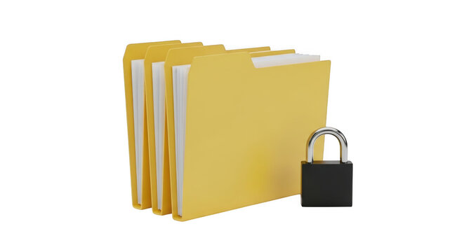 Yellow file folders with a lock isolated on transparent background