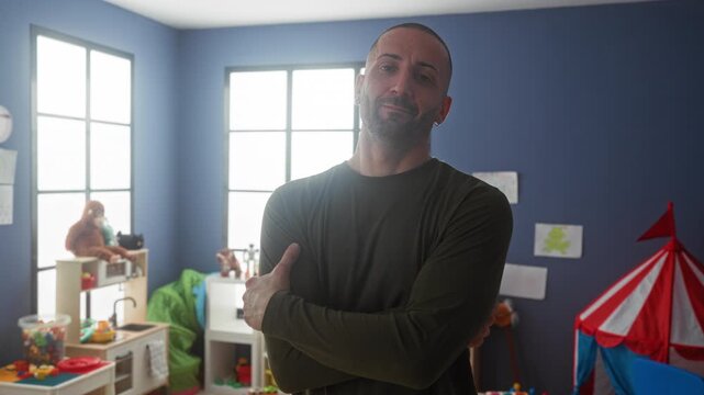 Man with arms folded holding elbow in kindergarten playroom building with toy kitchen, stuffed monkey and red play tent; confidence education.