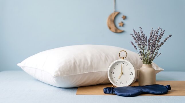 Sleep wellness setup with white pillow analog clock lavender flowers and blue silk eye mask for health and fitness recovery concept