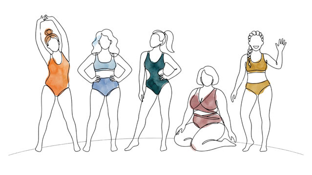 Continuous Line Art with Color Accents Vector Illustration of Diverse Women Wearing Different Swimsuit Styles Isolated on Transparent Background