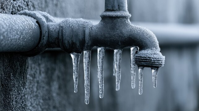 A metal water faucet is covered in frost and icicles during winter. Symbolic of extreme cold weather or frozen pipe.