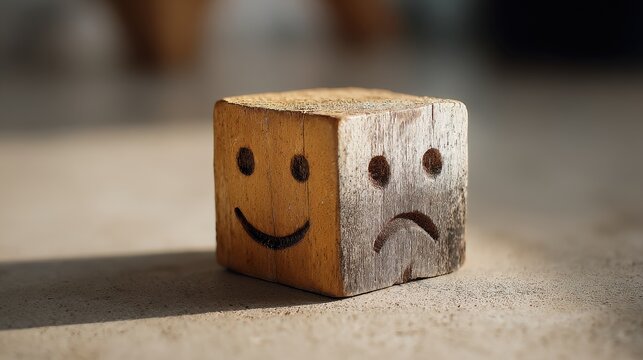Close-up of a two-faced wooden block illustrating emotional balance and optimistic thinking