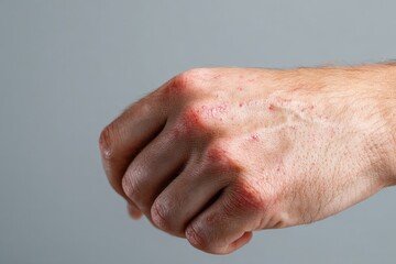 Fototapeta premium Clinical photograph of irritated skin on the hand showing eczema in a white studio setting