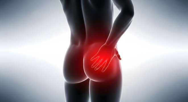 Human figure with buttock pain, hand holding painful area highlighted in red. Medical 3D illustration of discomfort or injury.