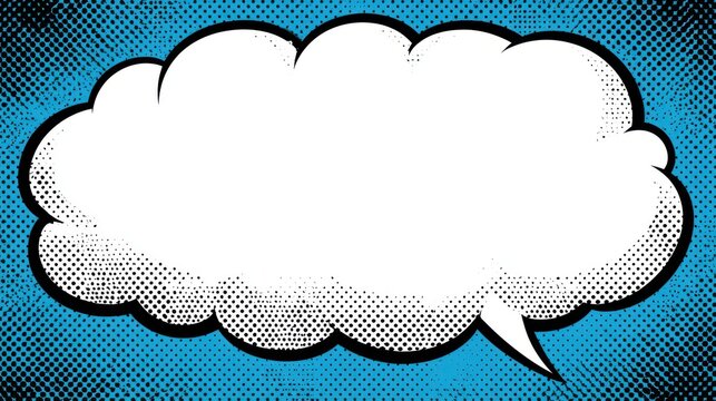 A comic book style blank thought bubble on a blue halftone background. Ideal for creative messages or graphic design.