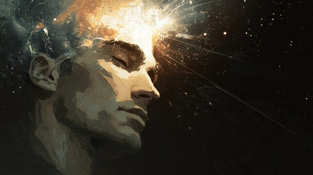 Surreal portrait of a generic man with an exploding mind, luminous neural bursts and cosmic energy radiating from the head