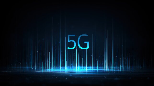 5G text glowing with vertical light streaks on a dark background. Symbolizes high speed wireless mobile connectivity.