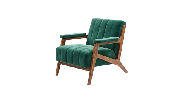 Green velvet armchair with wooden frame for luxury living room interior design isolated in high quality on transparent background