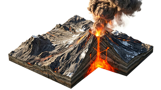 Volcano eruption cross section diagram with flowing hot lava isolated on white