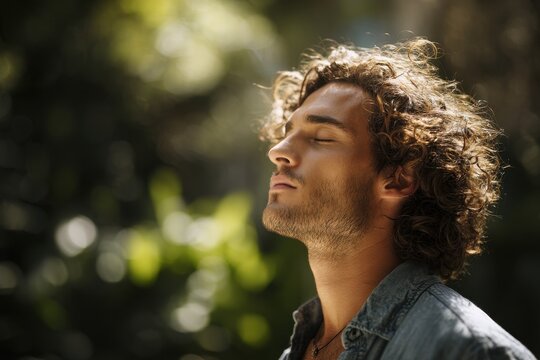 Calm moment: a man breathing deeply in a sunlit park