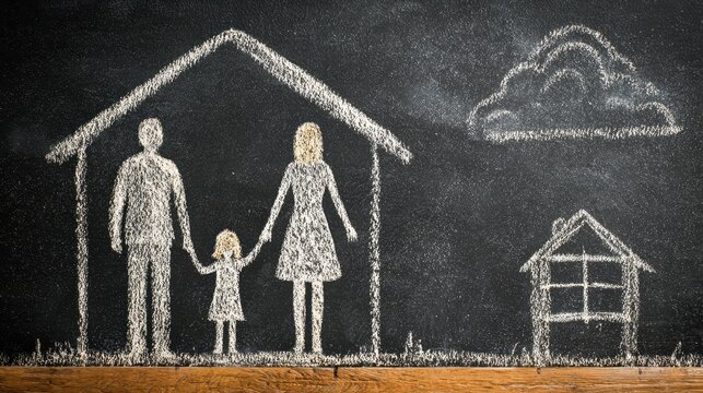 Chalkboard illustration of a family with a roof drawn by a father figure, symbolizing home ownership and planning