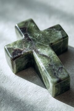 Close-up of a polished green marble cross on a light surface