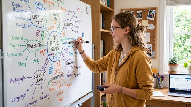 Teenage girl planning future goals with a mind map on a whiteboard