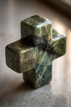 Macro view of a carved green marble cross showing rich veins