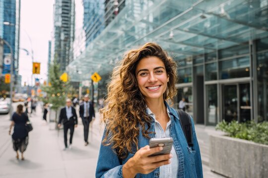 Smiling young woman texting on a smartphone in a busy city street