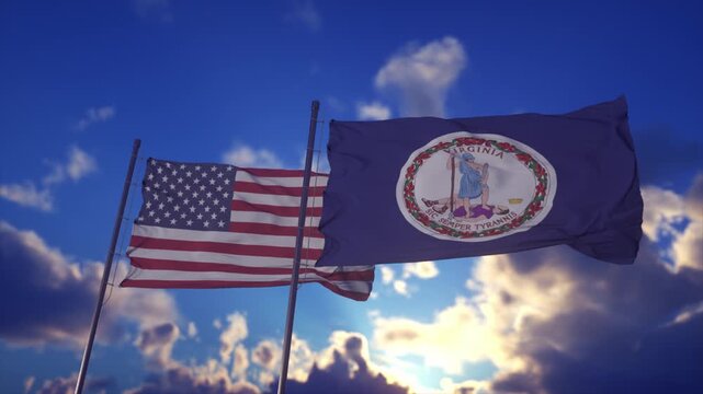 American and Virginia State Flags Flying in Bright Cloudy Sky