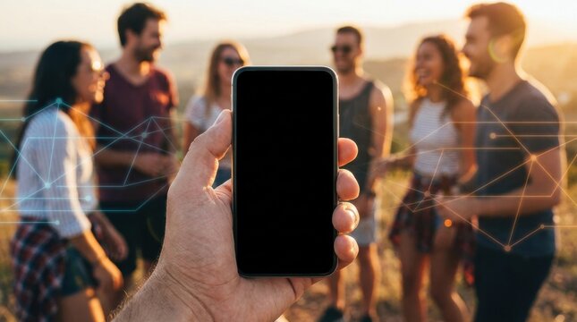 A first-person view of a hand holding a smartphone with a blank screen, superimposed with digital network graphics, featuring a group of friends in the background.