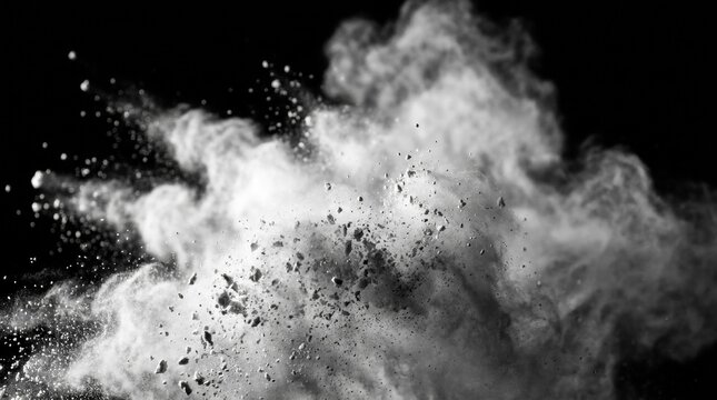A high-speed capture of white powder or dust exploding against a solid black background, creating dynamic textures and artistic abstract motion.