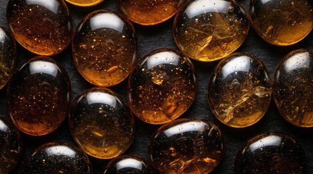 A high-angle close-up view of polished amber-colored glass pebbles or stones with sparkly inclusions, arranged on a dark, textured black surface.