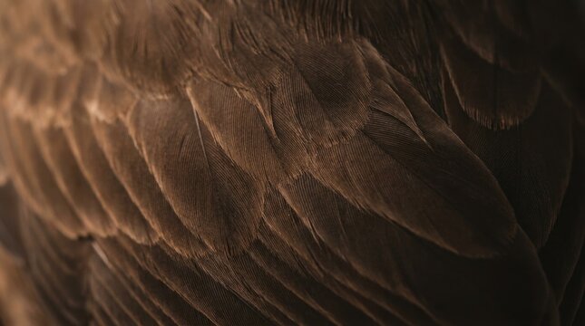 A high-detail macro photograph showcasing the intricate texture and overlapping pattern of soft, dark brown bird feathers with gentle lighting.