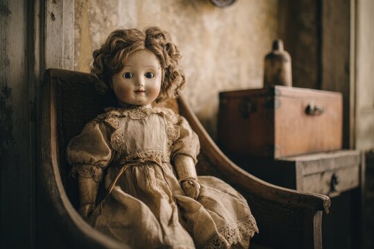 Worn antique doll with delicate dress and cracked porcelain in a quiet corner