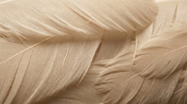 A high-detail macro close-up of overlapping soft beige feathers, creating a delicate, elegant, and organic background texture.