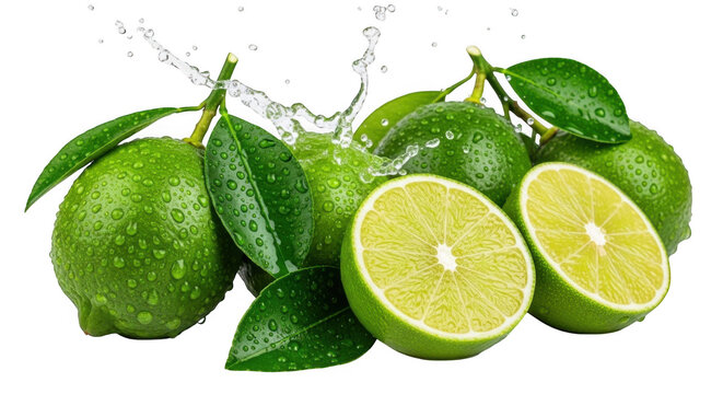 Fresh green limes with water splash isolated on transparent background