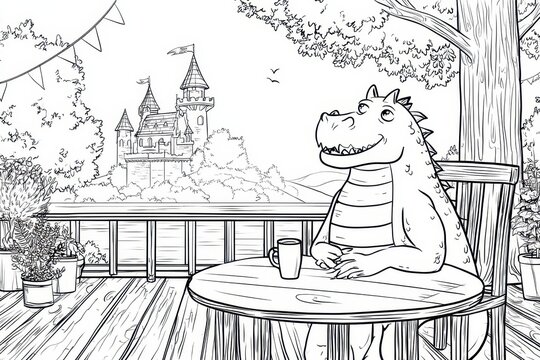Line art dragon enjoys a cup of coffee on a rustic terrace beside a medieval castle