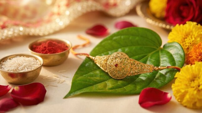 A beautiful golden Rakhi bracelet placed on a betel leaf with rice grains, vermilion, and marigold flowers, celebrating the traditional Indian Raksha Bandhan festival.