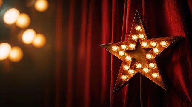 Glamorous theater scene featuring a glowing golden star and marquee bulbs on a rich red curtain