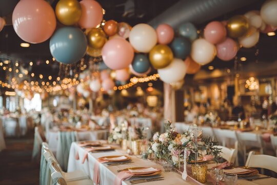 Elegant indoor wedding reception with multicolored balloon decor and warm ambient lighting